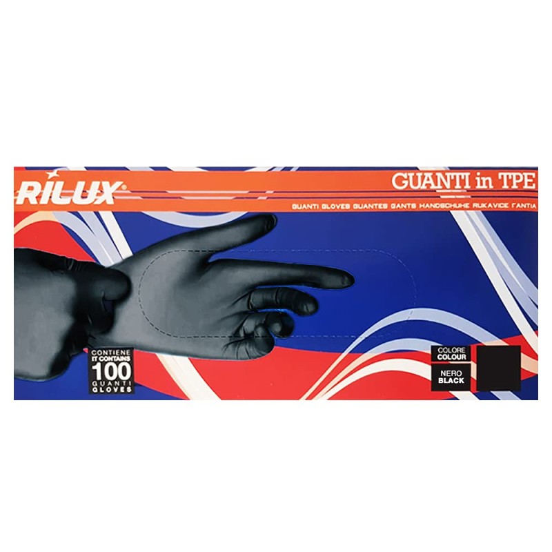 100 Guanti monouso in TPE Neri Senza Polvere per alimenti Cat. 1 (Taglia XL, Nero)