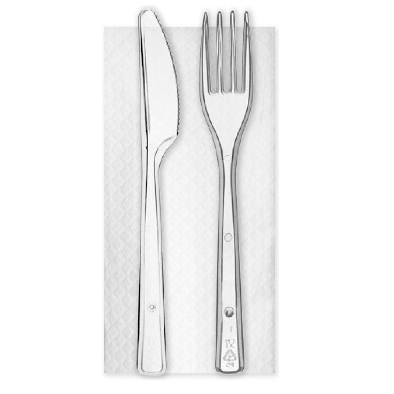 Bis Posate in Plastica PS Trasparenti Riutilizzabili (Forchetta e Coltello 180 mm) con Tovagliolo due veli 30x30 cm